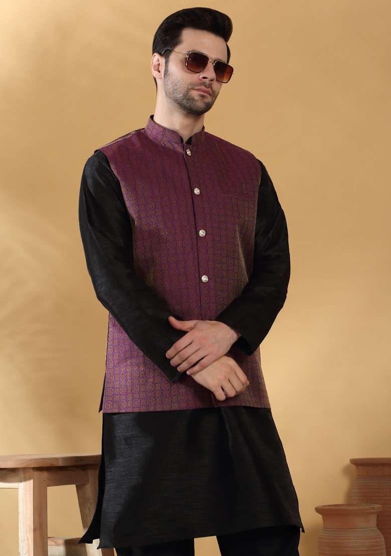 Black And Purple Woven Design Silk Blend Nehru Jacket Set For Men - Indya