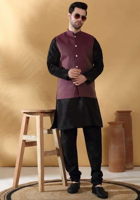 Black And Purple Woven Design Silk Blend Nehru Jacket Set For Men