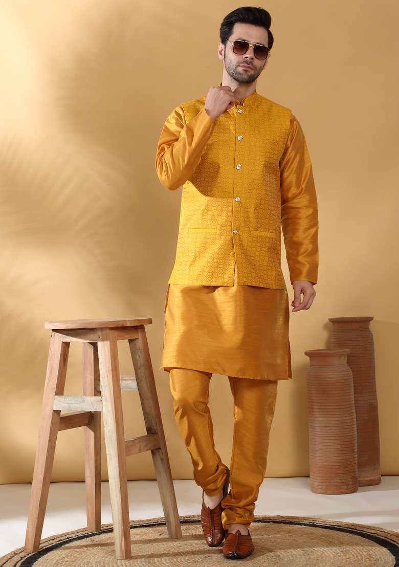 Mustard Yellow Woven Design Silk Blend Nehru Jacket Set For Men - Indya