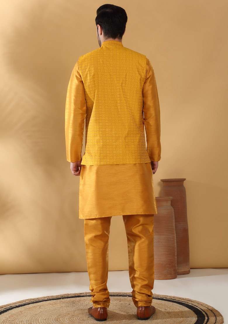 Mustard Yellow Woven Design Silk Blend Nehru Jacket Set For Men - Indya