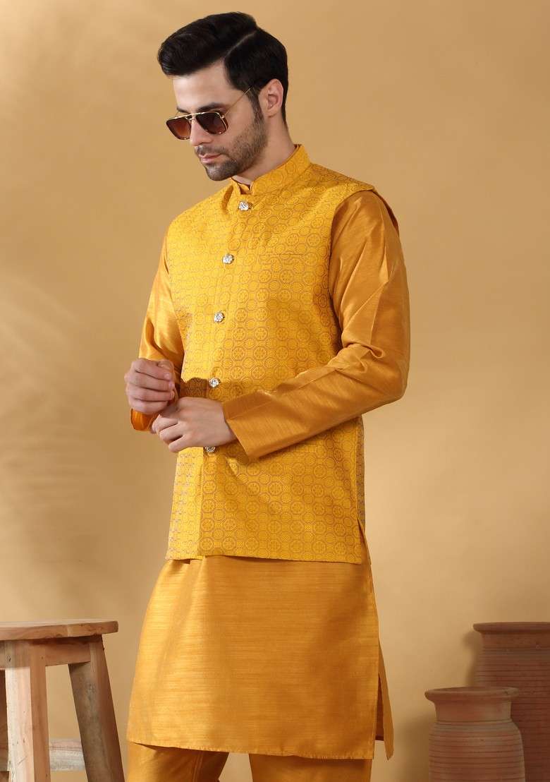 Mustard Yellow Woven Design Silk Blend Nehru Jacket Set For Men - Indya