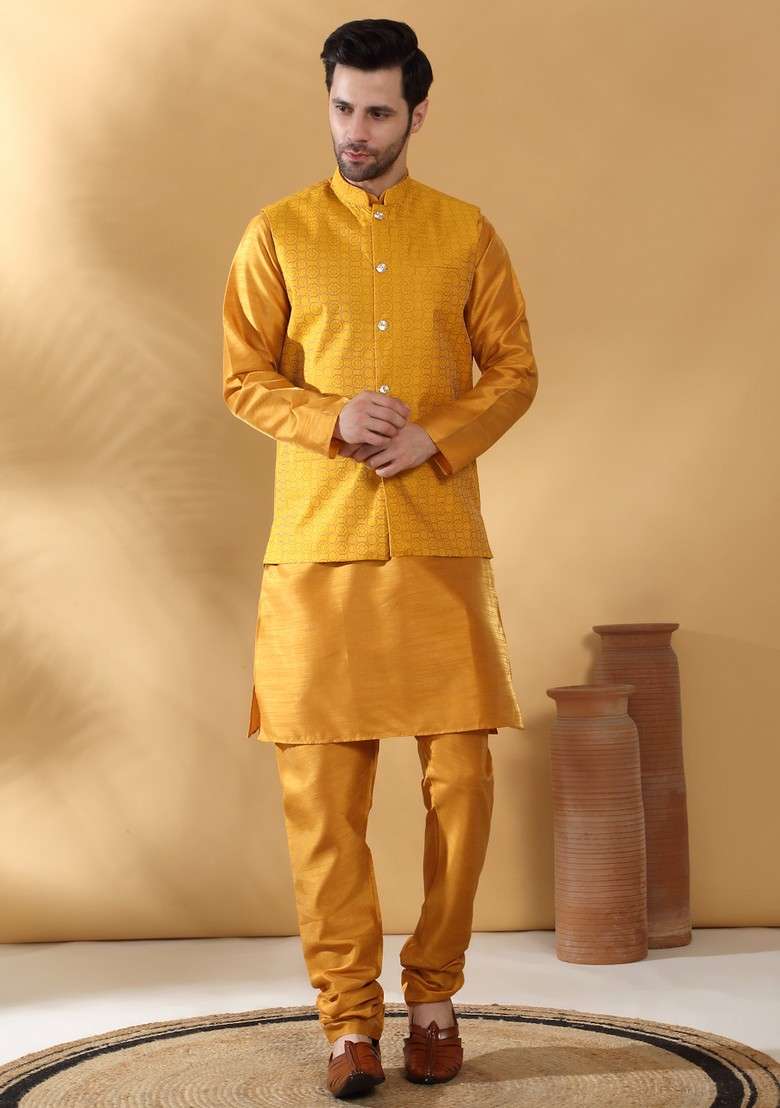 Mustard Yellow Woven Design Silk Blend Nehru Jacket Set For Men - Indya