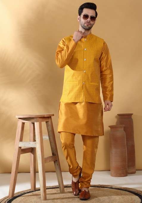 Mustard Yellow Woven Design Silk Blend Nehru Jacket Set For Men
