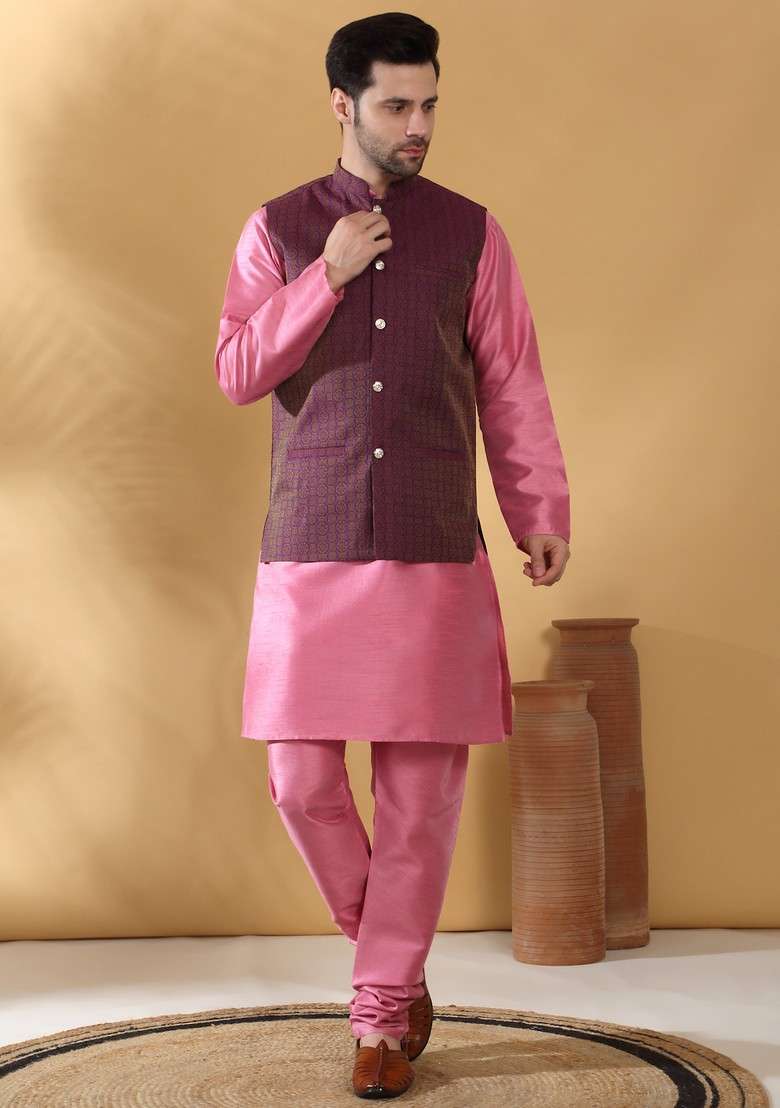 Pink And Purple Woven Design Silk Blend Nehru Jacket Set For Men - Indya