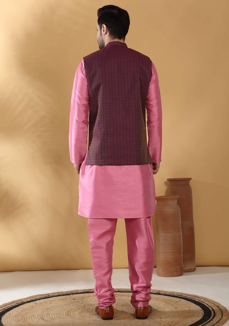 Pink And Purple Woven Design Silk Blend Nehru Jacket Set For Men - Indya