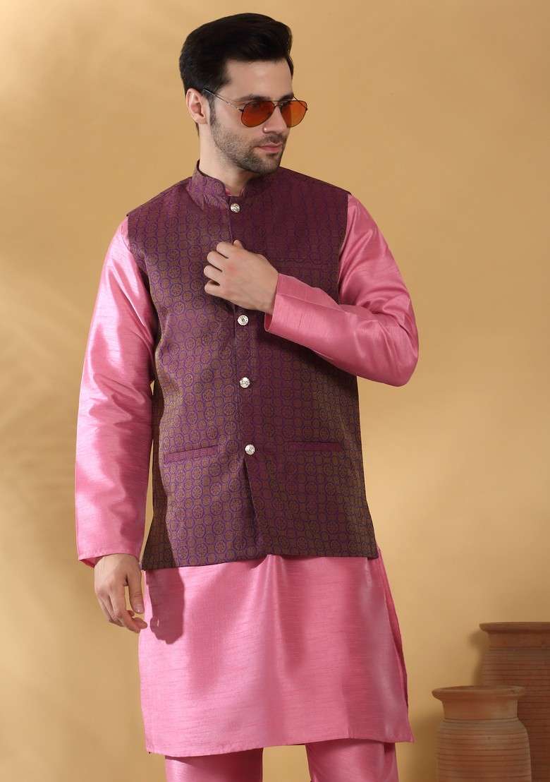 Pink And Purple Woven Design Silk Blend Nehru Jacket Set For Men - Indya