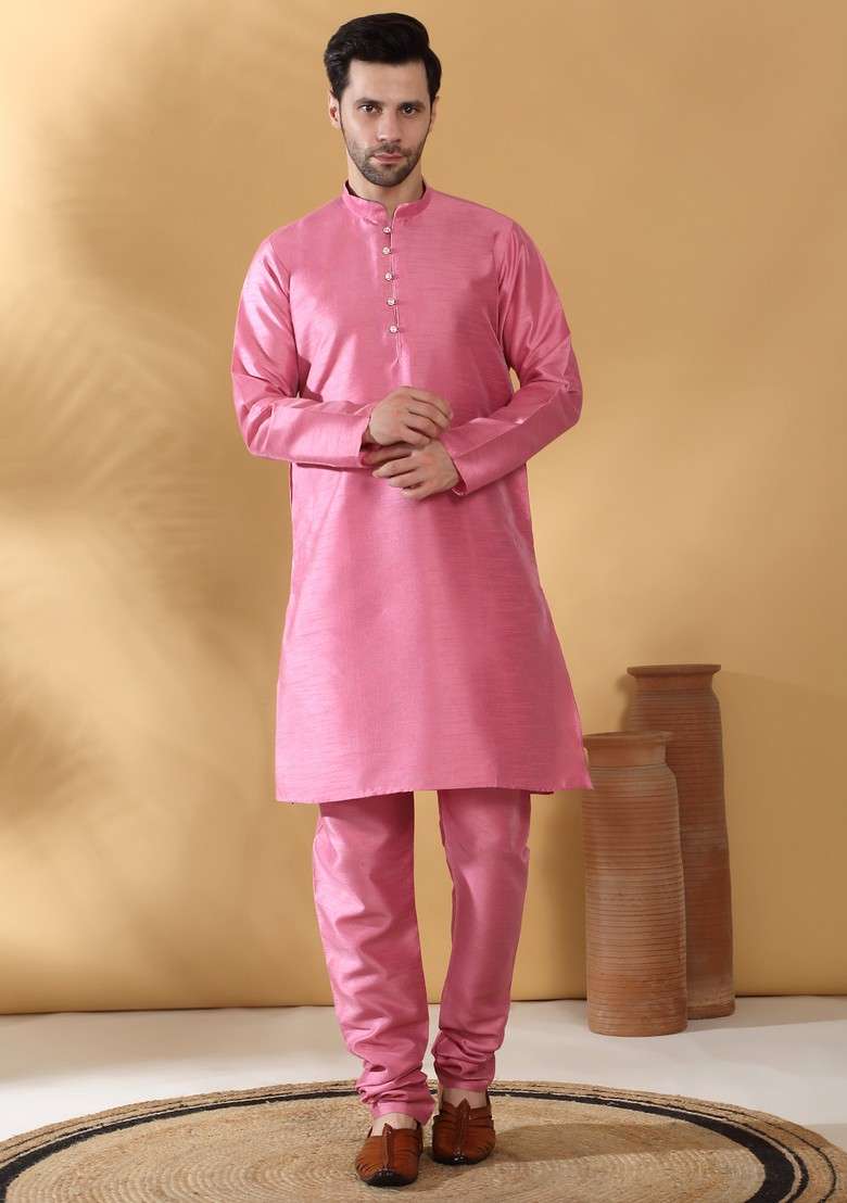 Pink And Purple Woven Design Silk Blend Nehru Jacket Set For Men - Indya