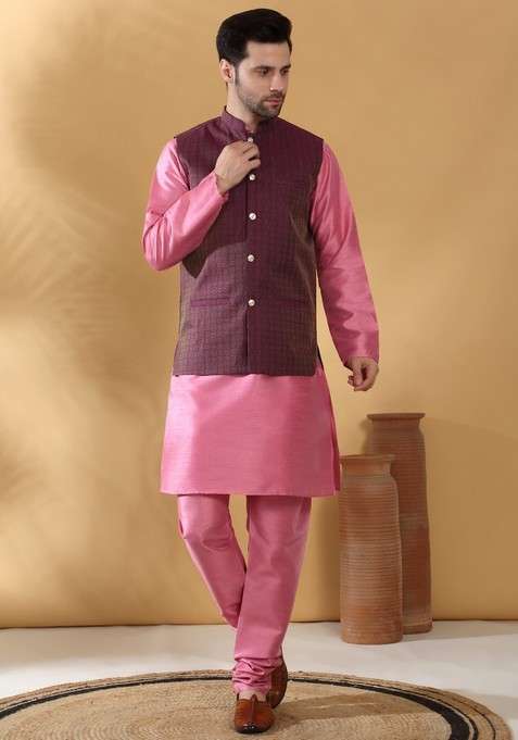 Pink And Purple Woven Design Silk Blend Nehru Jacket Set For Men