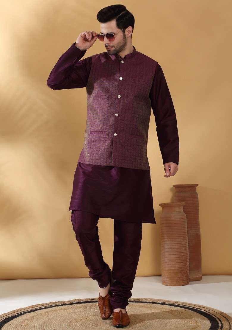Purple Woven Design Silk Blend Nehru Jacket Set For Men - Indya