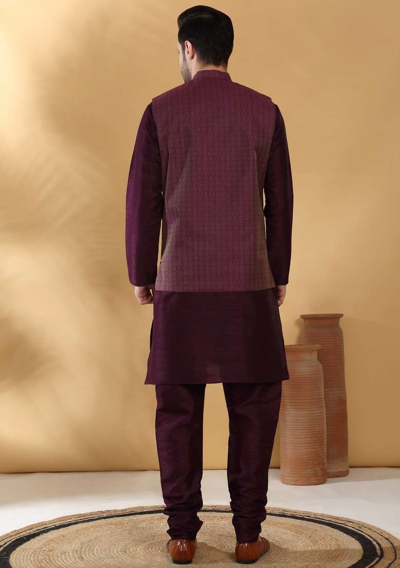Purple Woven Design Silk Blend Nehru Jacket Set For Men - Indya