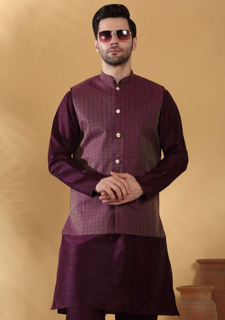 Purple Woven Design Silk Blend Nehru Jacket Set For Men - Indya