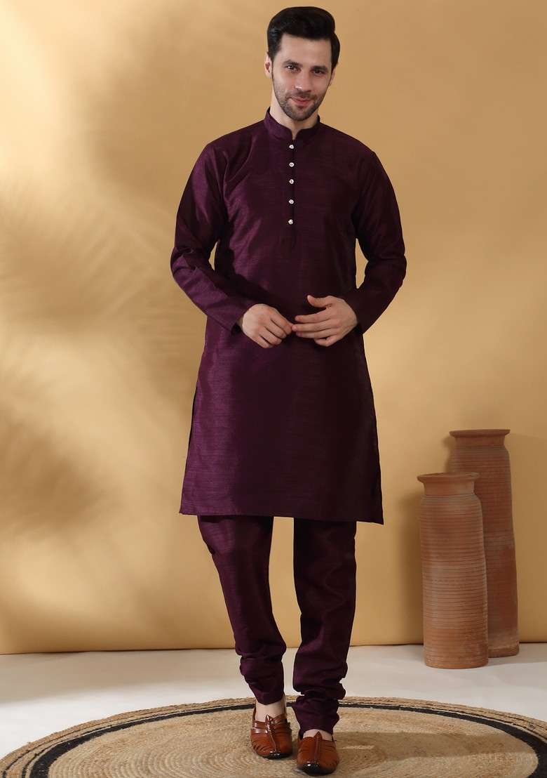 Purple Woven Design Silk Blend Nehru Jacket Set For Men - Indya