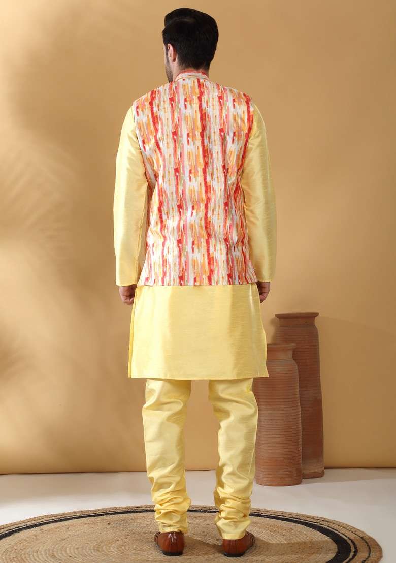 Lime Yellow And Orange Printed Silk Blend Nehru Jacket Set For Men - Indya