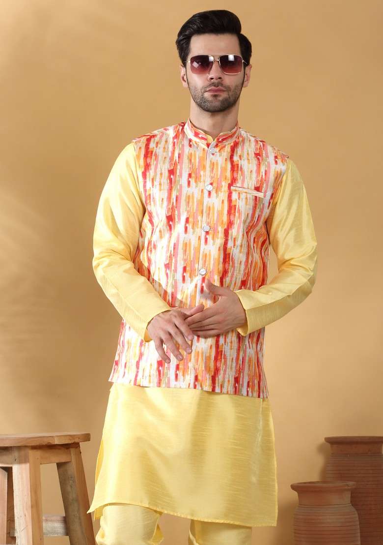 Lime Yellow And Orange Printed Silk Blend Nehru Jacket Set For Men - Indya