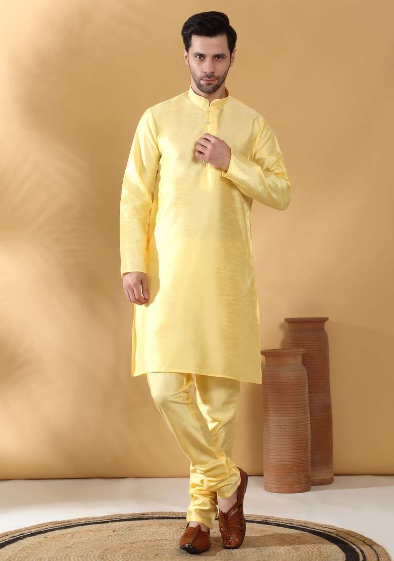 Lime Yellow And Orange Printed Silk Blend Nehru Jacket Set For Men - Indya