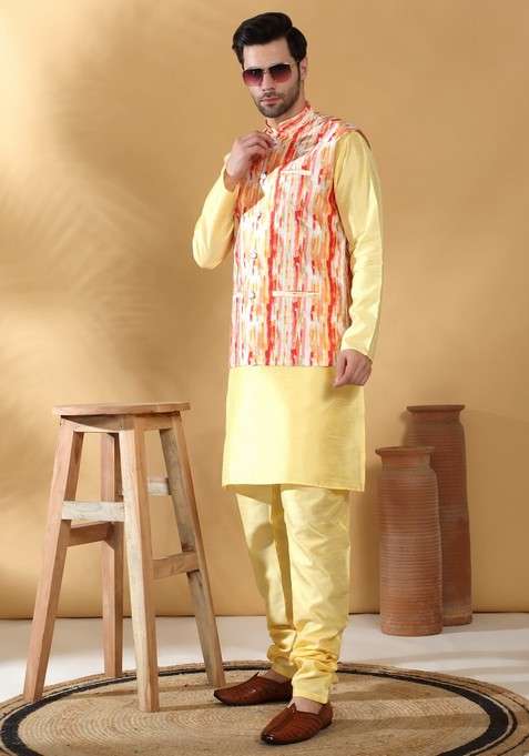 Lime Yellow And Orange Printed Silk Blend Nehru Jacket Set For Men