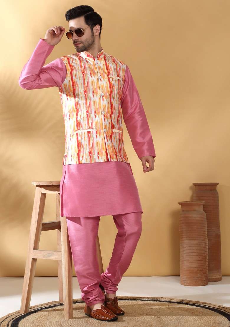 Pink And Orange Printed Silk Blend Nehru Jacket Set For Men - Indya