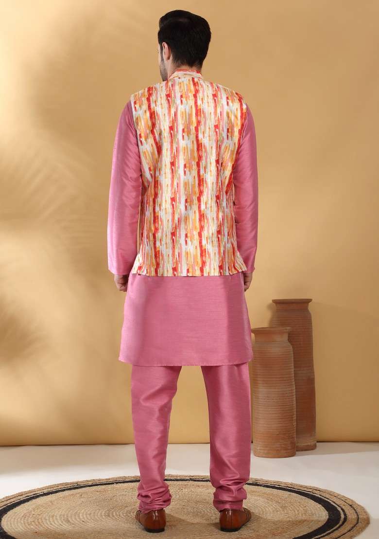 Pink And Orange Printed Silk Blend Nehru Jacket Set For Men - Indya