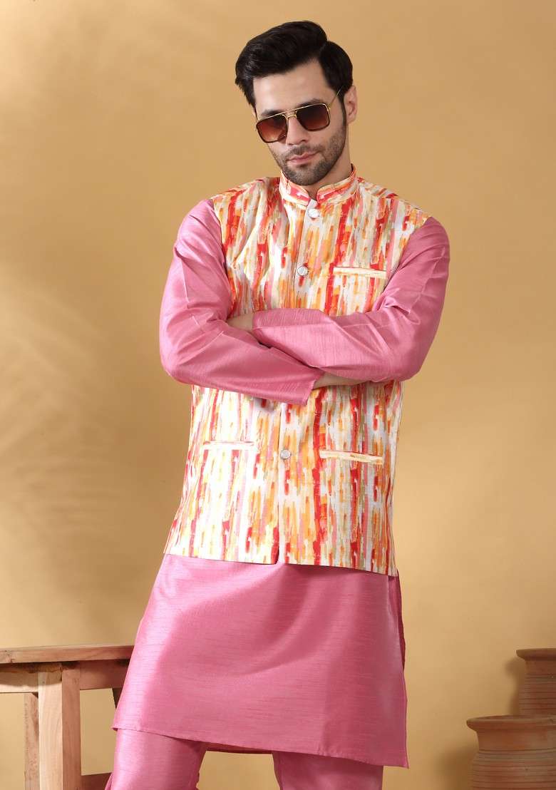 Pink And Orange Printed Silk Blend Nehru Jacket Set For Men - Indya