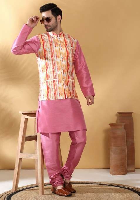 Pink And Orange Printed Silk Blend Nehru Jacket Set For Men