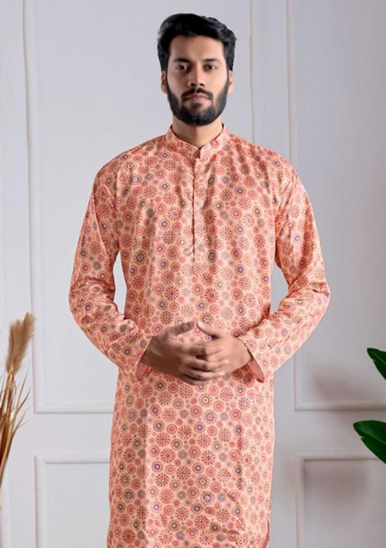 Peach Printed Cotton Kurta Set For Men