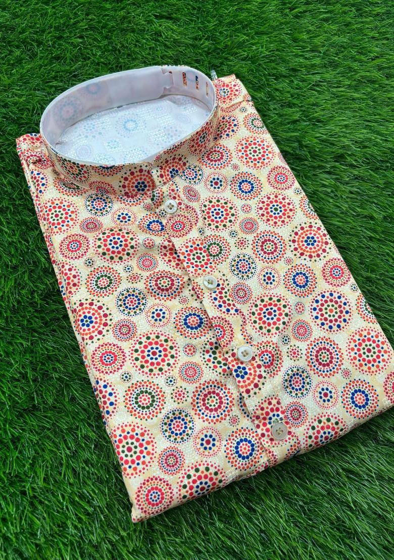 Peach Printed Cotton Kurta Set For Men