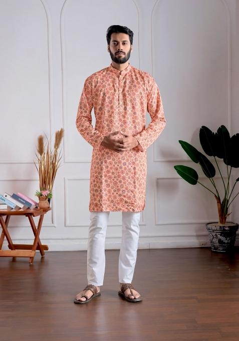 Peach Printed Cotton Kurta Set For Men