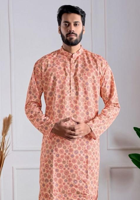 Peach Printed Cotton Kurta Set For Men