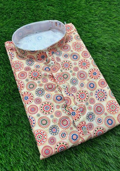 Peach Printed Cotton Kurta Set For Men