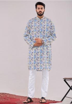 Blue Printed Cotton Kurta Set For Men