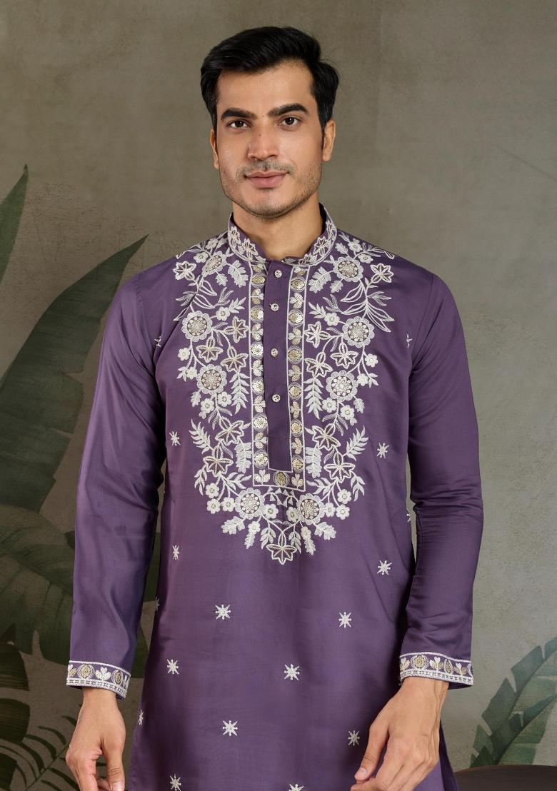 Lavender Embroidered Viscose Silk Kurta Set For Men