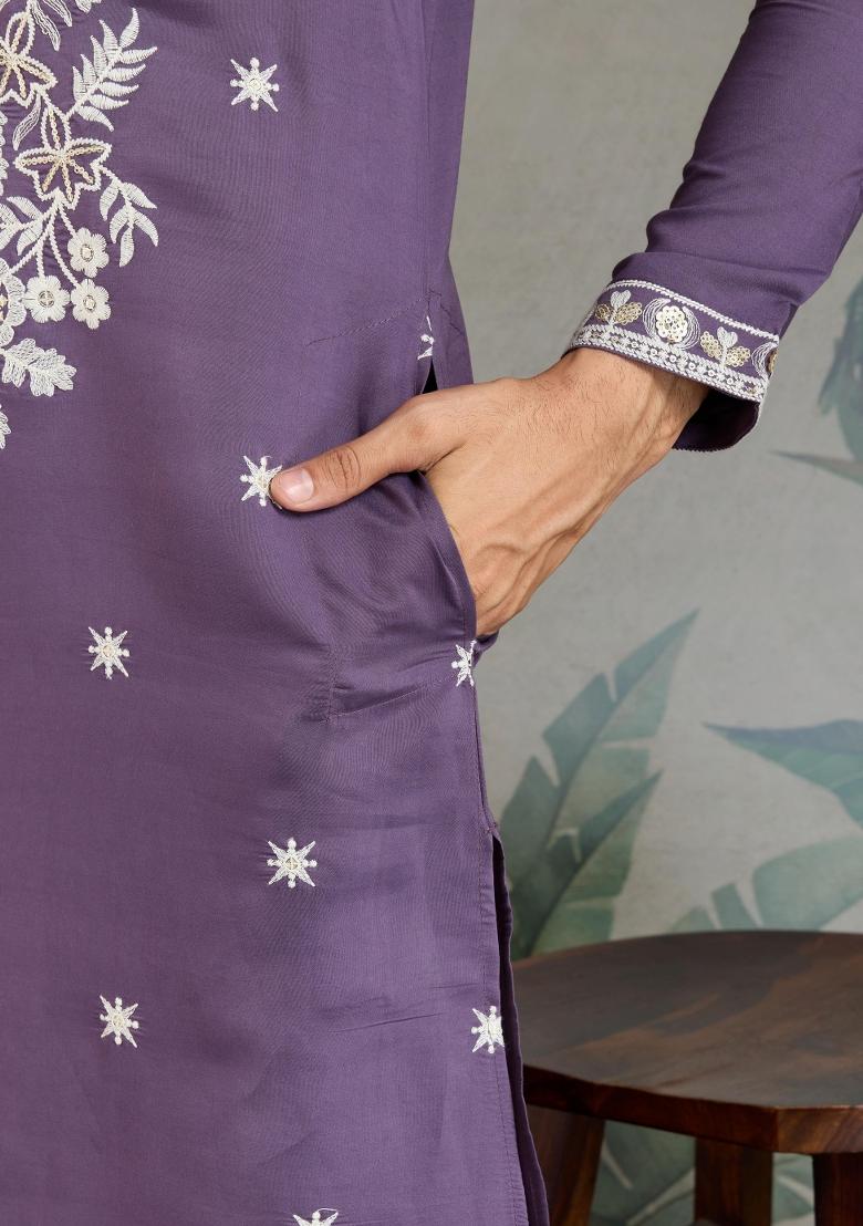 Lavender Embroidered Viscose Silk Kurta Set For Men