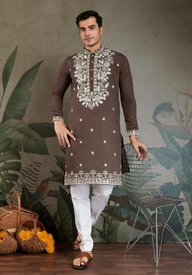 Brown Embroidered Viscose Silk Kurta Set For Men
