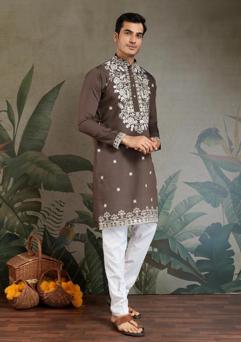 Brown Embroidered Viscose Silk Kurta Set For Men