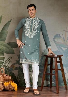 Green Embroidered Viscose Silk Kurta Set For Men