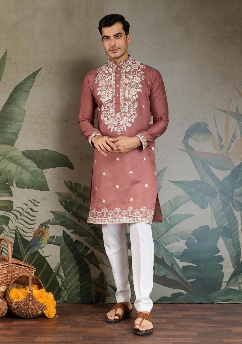 Peach Embroidered Viscose Silk Kurta Set For Men