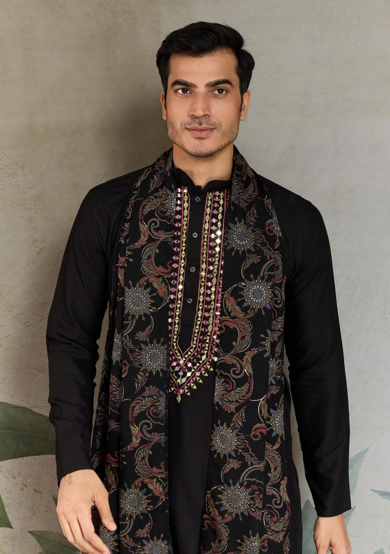 Black Printed Rayon Kurta Set For Men
