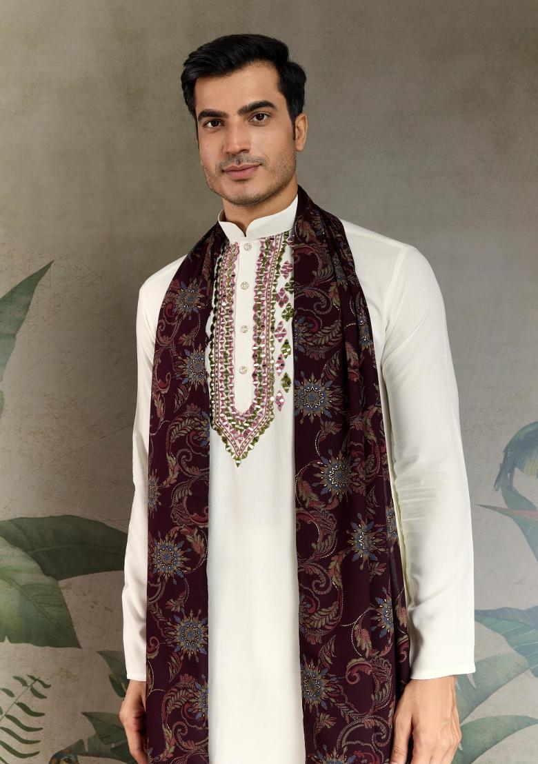 White Printed Rayon Kurta Set For Men