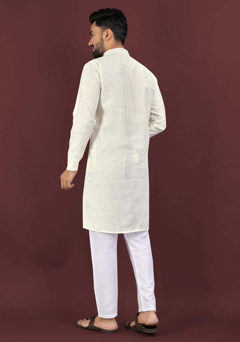 White Embroidered Viscose Silk Kurta Set For Men