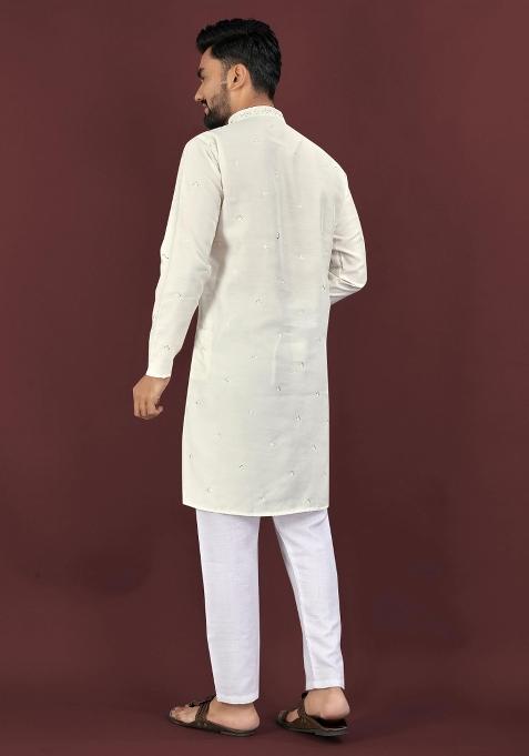 White Embroidered Viscose Silk Kurta Set For Men