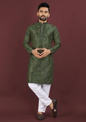 Green Embroidered Banglori Silk Kurta Set For Men