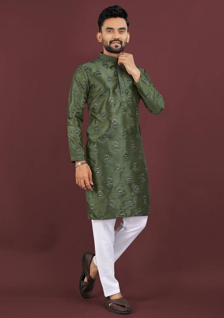 Green Embroidered Banglori Silk Kurta Set For Men