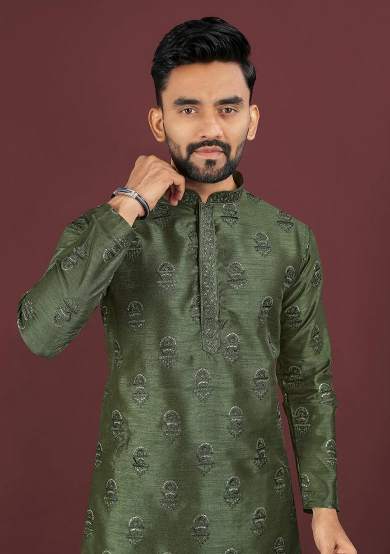 Green Embroidered Banglori Silk Kurta Set For Men