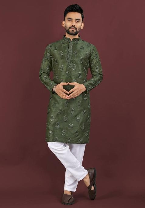 Green Embroidered Banglori Silk Kurta Set For Men