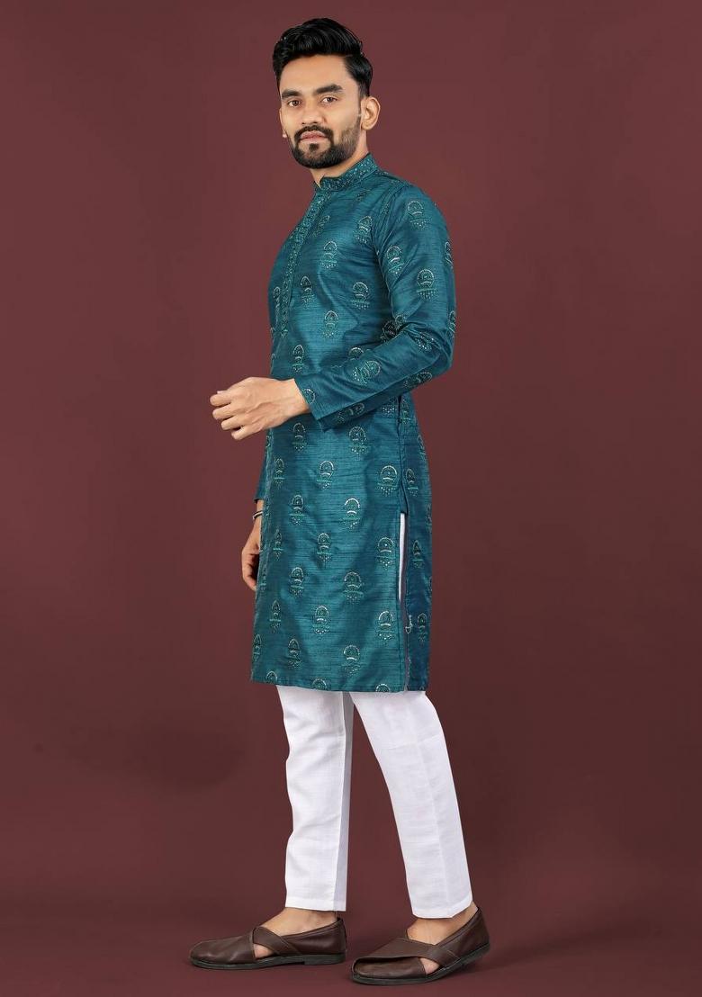 Blue Embroidered Banglori Silk Kurta Set For Men