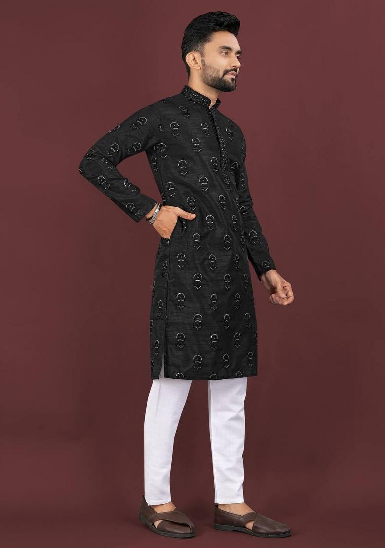Black Embroidered Banglori Silk Kurta Set For Men