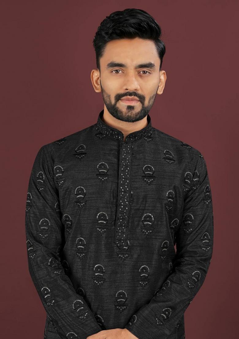 Black Embroidered Banglori Silk Kurta Set For Men