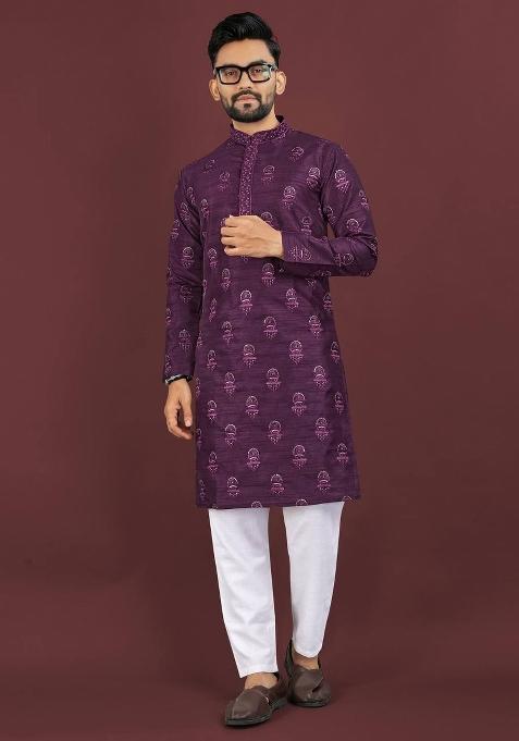 Wine Embroidered Banglori Silk Kurta Set For Men