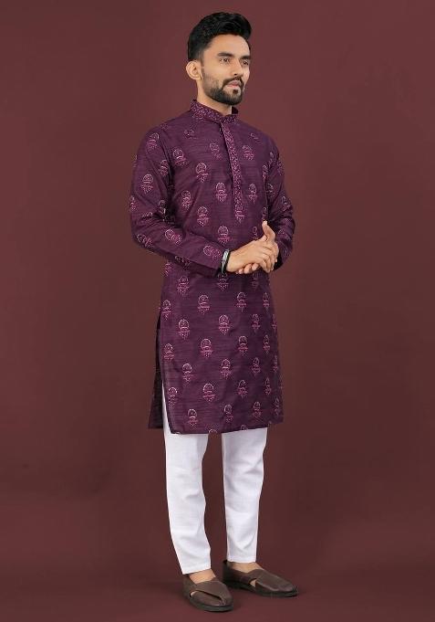 Wine Embroidered Banglori Silk Kurta Set For Men