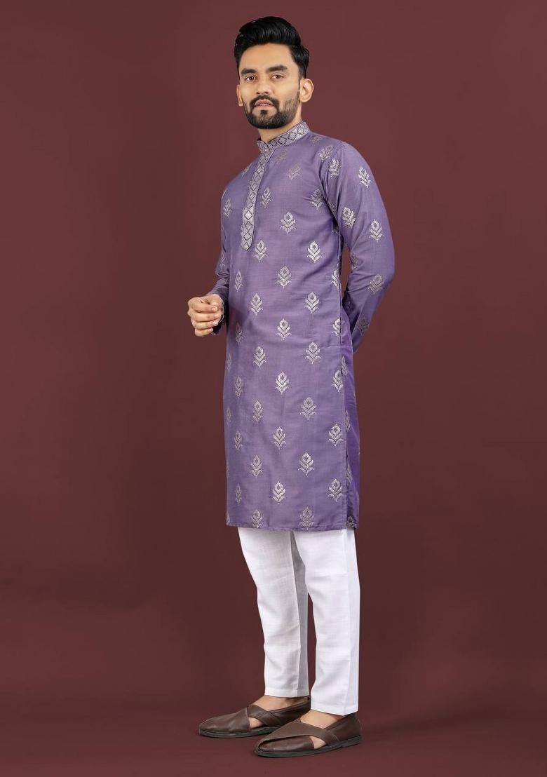Purple Embroidered Viscose Silk Kurta Set For Men